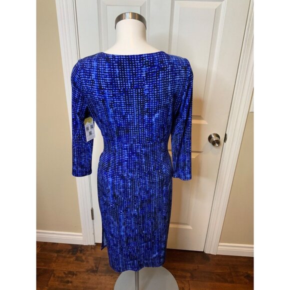 Lauren Ralph Lauren Blue & Black Patterned V-Neck Gathered Sheath Dress, Size 6 - Picture 4 of 5